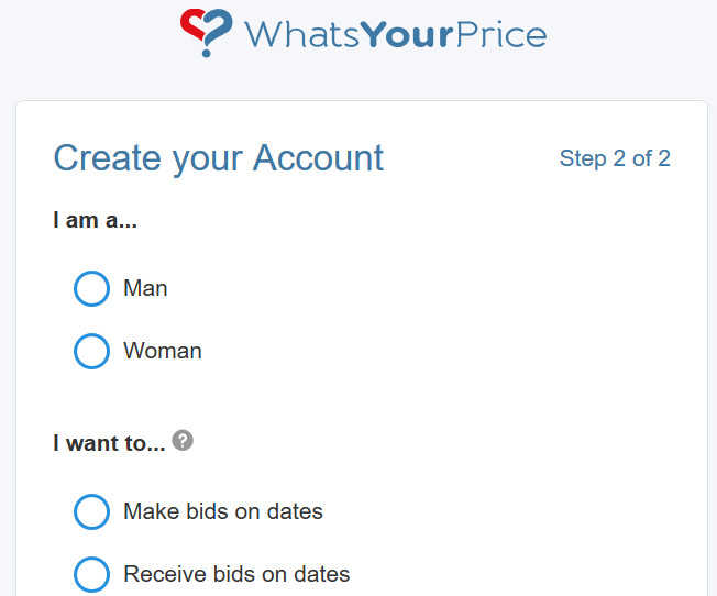 Sign up page of whatsyourprice.com